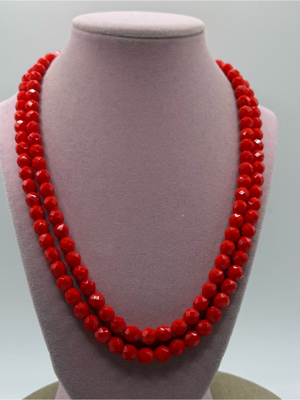 Vintage bright Red glass Double-Strand Beaded Necklace